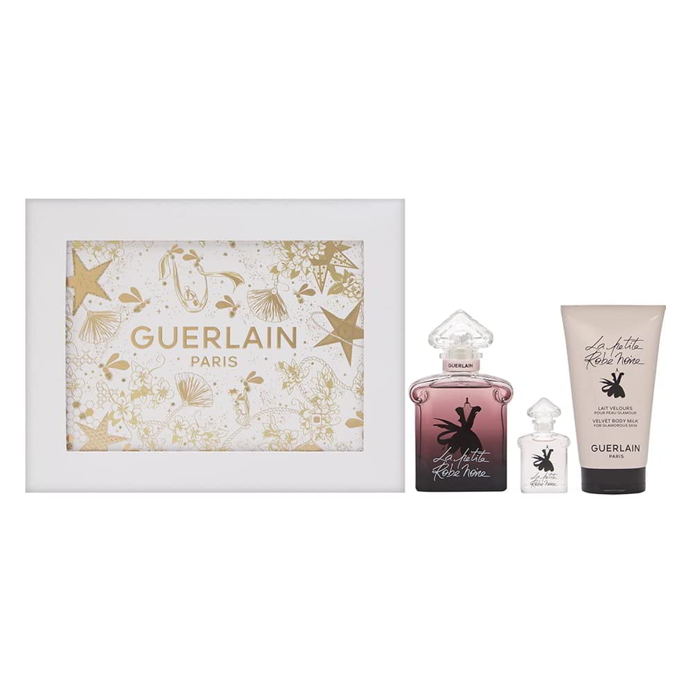 Guerlain La Petite Robe Noire for Women 3 Piece Set Includes: 1.6 oz Eau de Parfum Intense Spray + 0.16 oz Eau de Parfum Intense + 2.5 oz Velvet Body Milk for Glamorous Skin