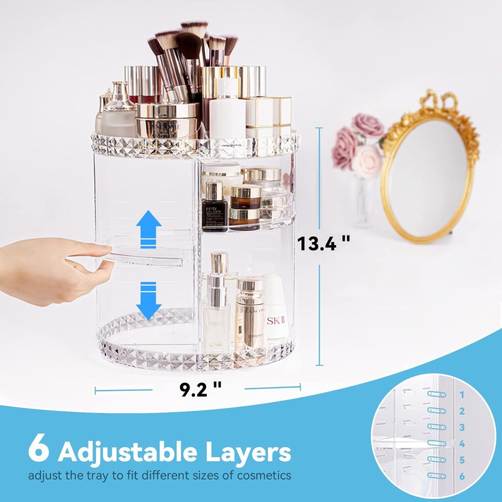 Kingtaily Rotating Makeup Organizer Spinning for Vanity, 360 Rotation with 6 Adjustable Layers, Large Capacity Vanity Skin-care Organizers Clear Perfume