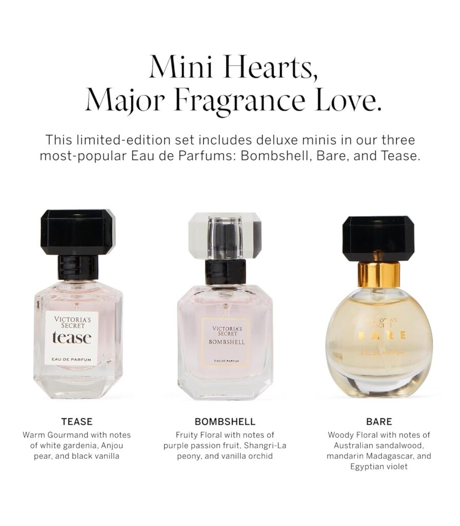 Victorias Secret Deluxe Mini Fragrance Trio, Eau de Parfume Valentines Day Giftset for Women, Includes Bombshell, Bare and Tease Mini Perfumes